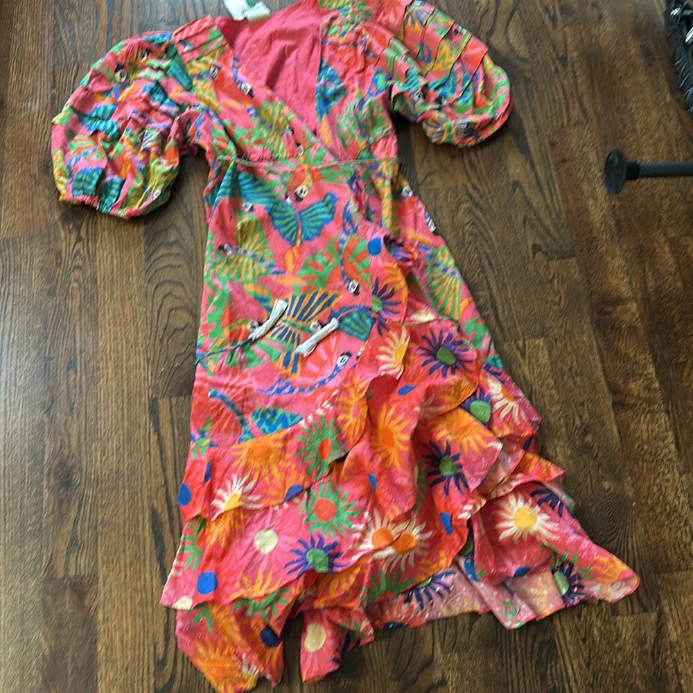 π *HOST PICK!* FARM Rio Macaw Pink Blue Ruffled Wrap Floral Boho Sundress L - Picture 15 of 16